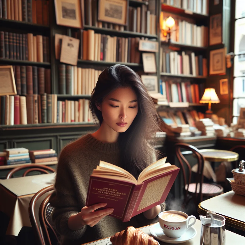 Livre en cyrillique posé sur une table de café parisien avec un expresso