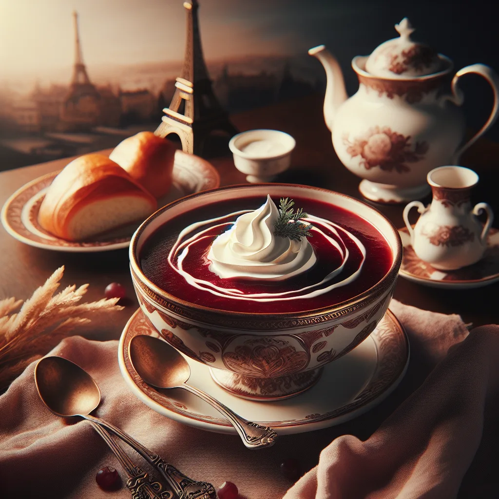 Assiette de bortsch rouge profond garni de crème fraîche et d