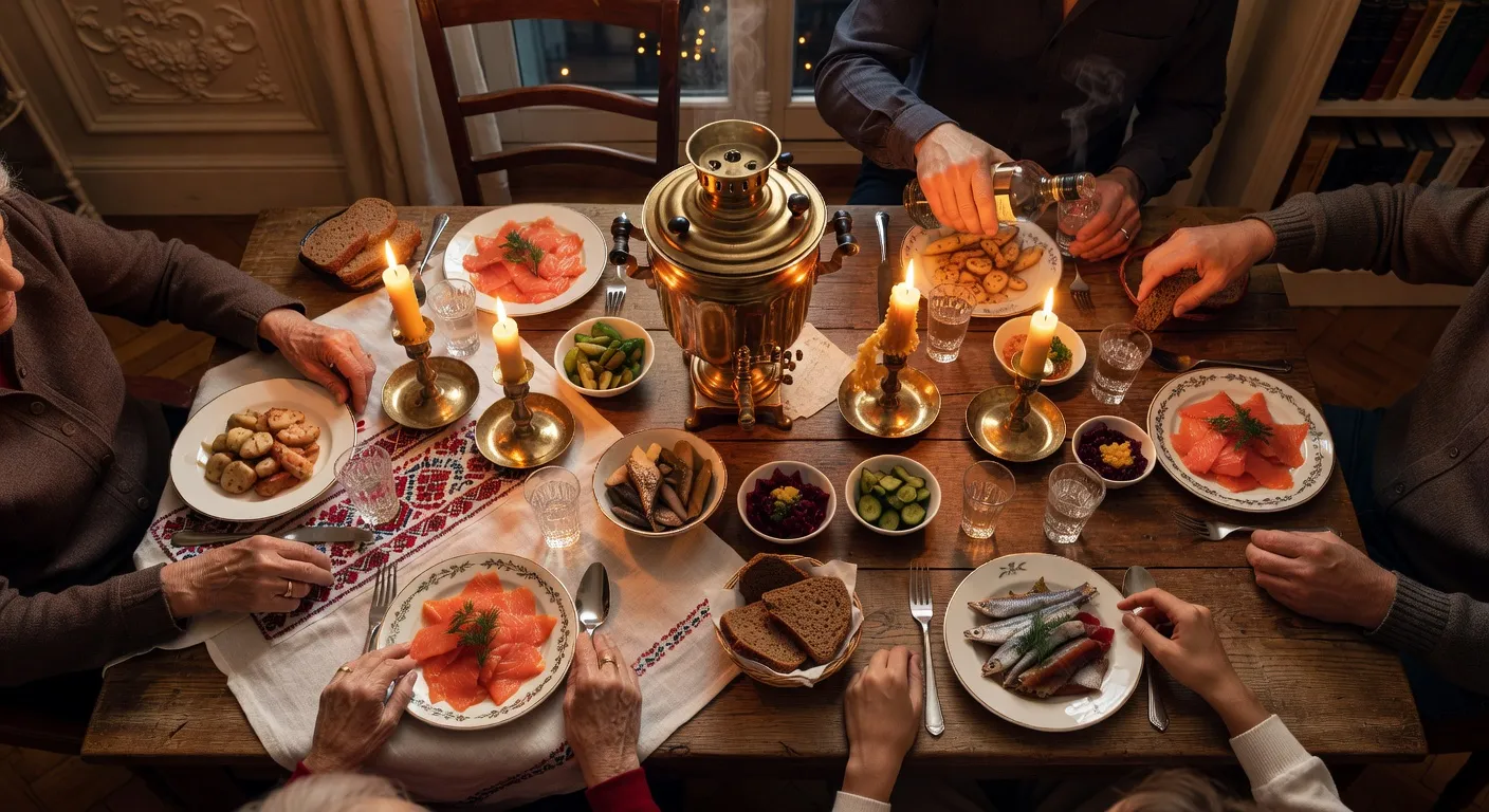 Intérieur cosy d'un café russe parisien, samovar en cuivre brillant sur le comptoir, lumière chaude dorée