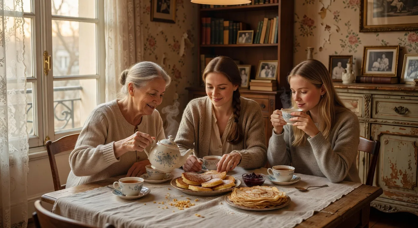 Femmes russes en conversation dans un café parisien moderne, atmosphère intime et cosmopolite