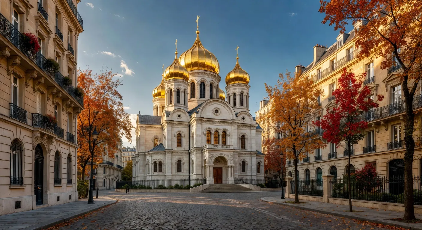 Vue éditoriale de la rue Daru à Paris au printemps avec la cathédrale Saint-Alexandre-Nevsky en perspective