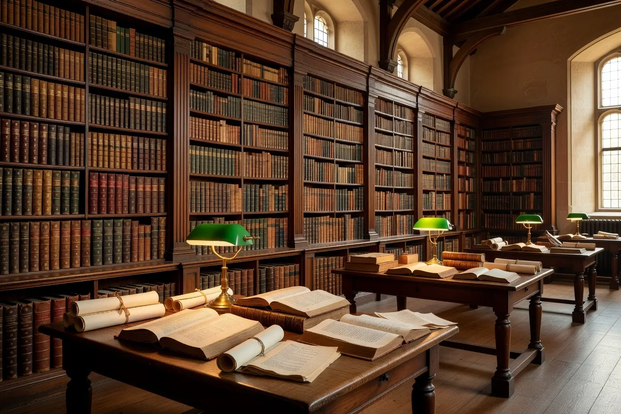 Salle de lecture patrimoniale avec manuscrits anciens et étagères de livres reliés