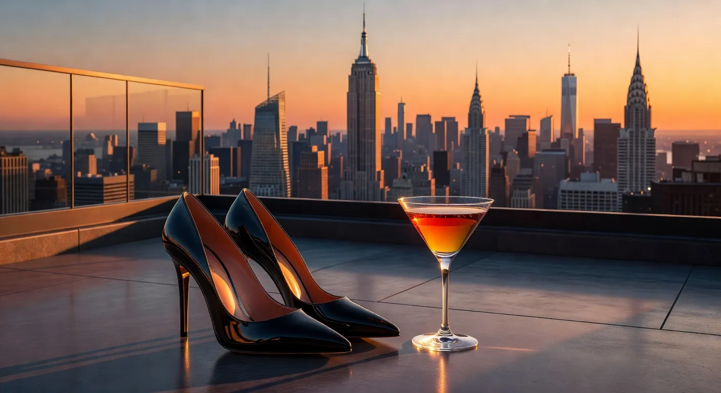 Skyline de New York au coucher du soleil avec chaussures et cocktail au premier plan