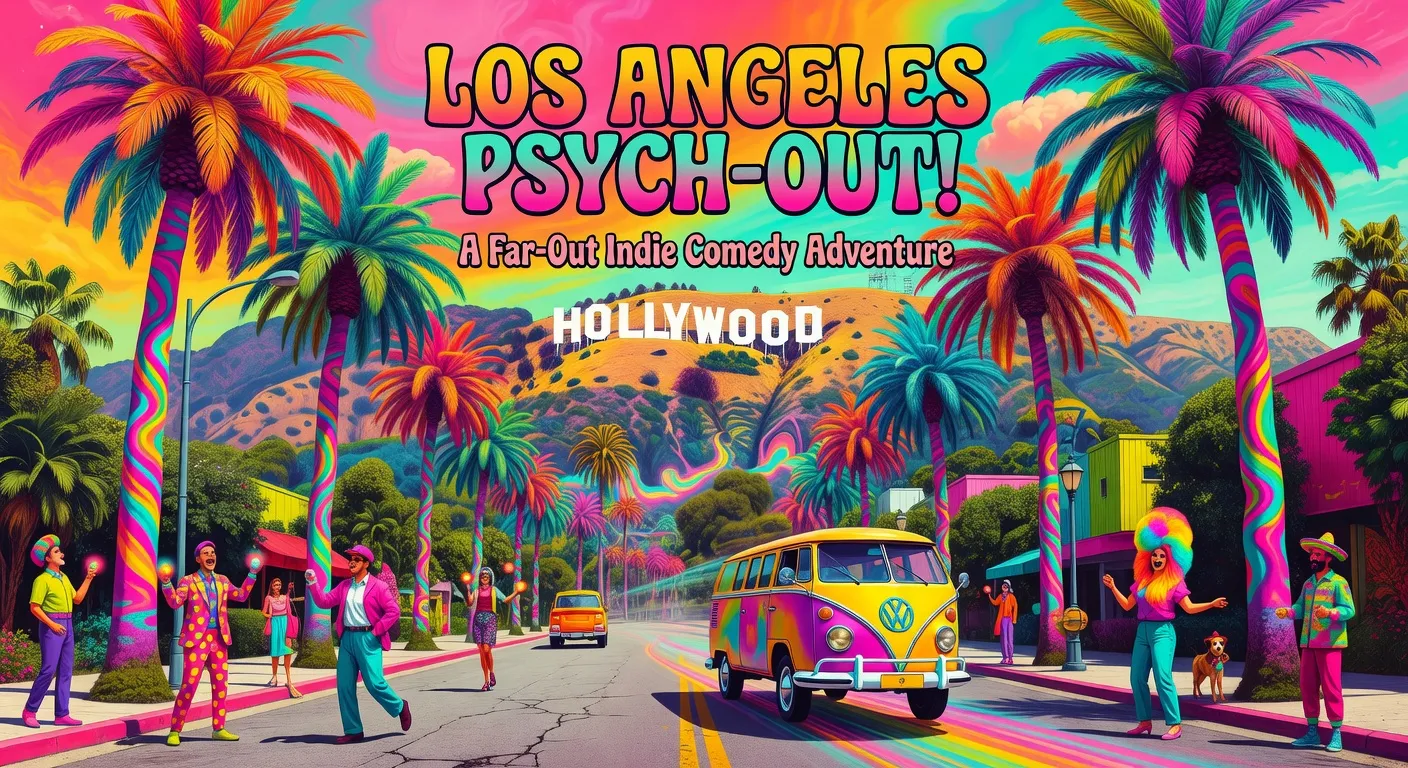 Scène psychédélique colorée de Los Angeles, style affiche de film indie