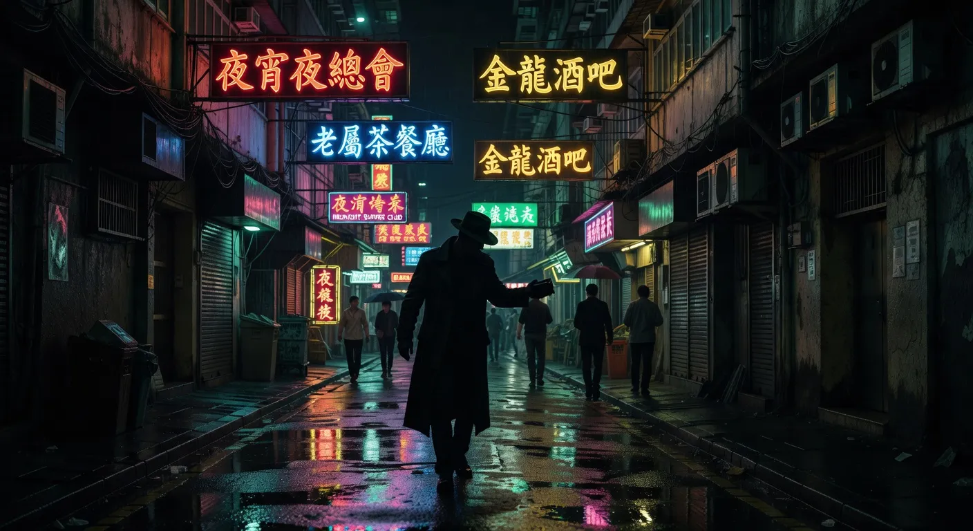 Ruelle de Hong Kong avec néons, atmosphère de film noir asiatique
