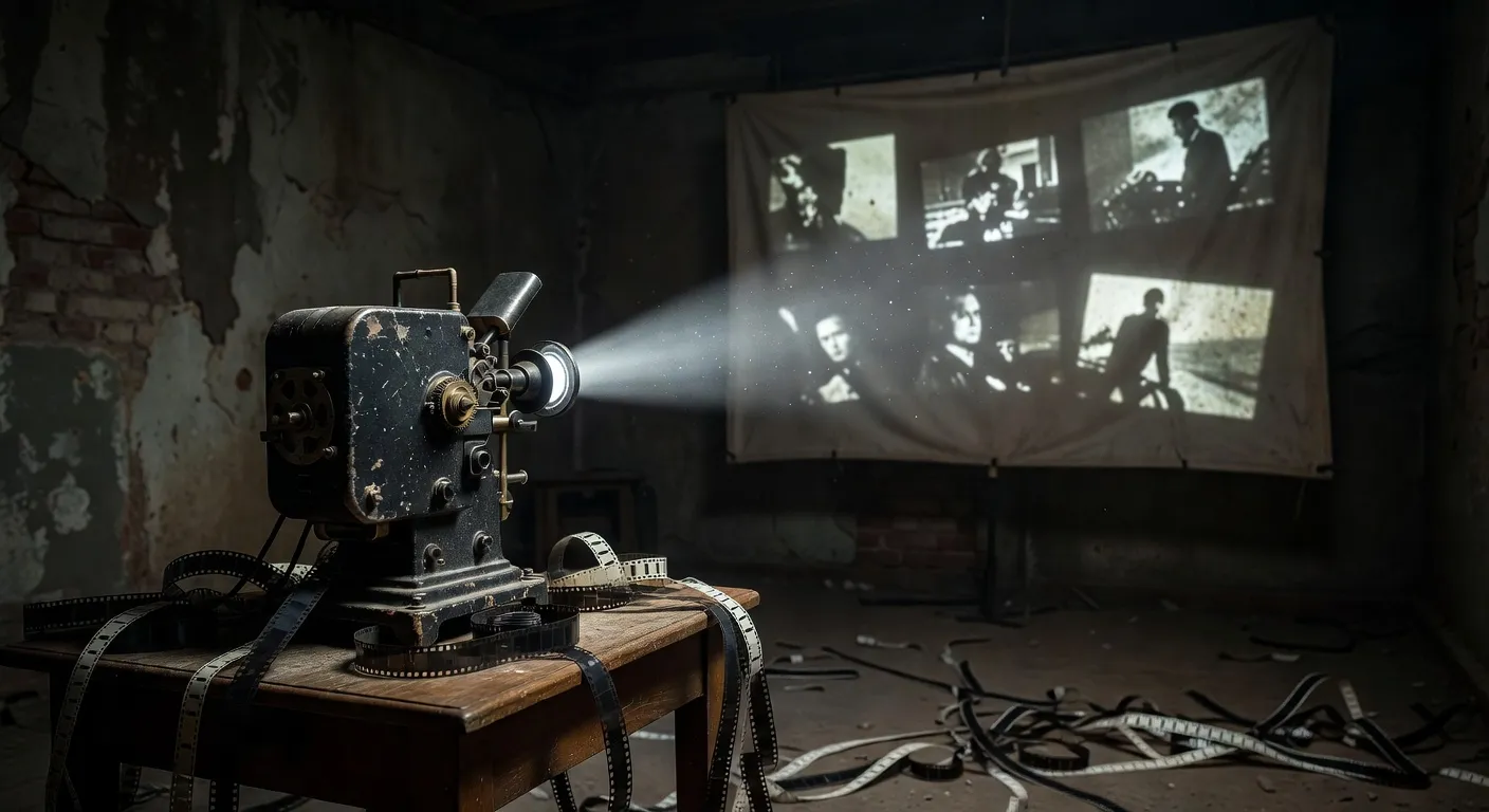 Projecteur ancien dans une salle obscure, esthétique du cinéma russe