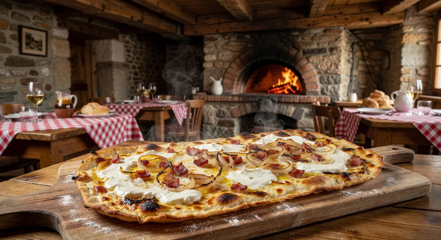 Flammekueche traditionnelle sortie du four à bois