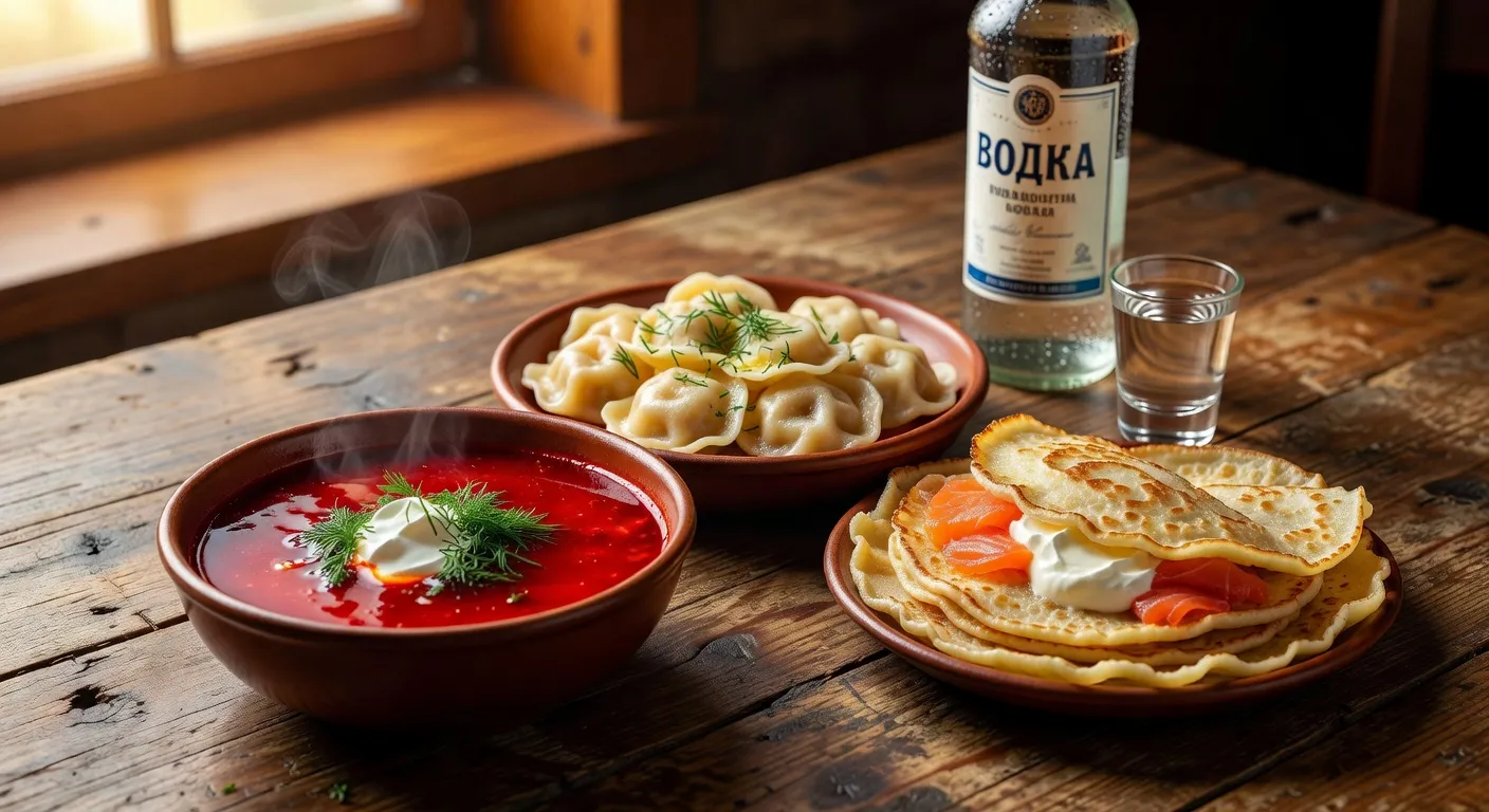 Plats traditionnels russes : pelmeni, bortsch, blinis