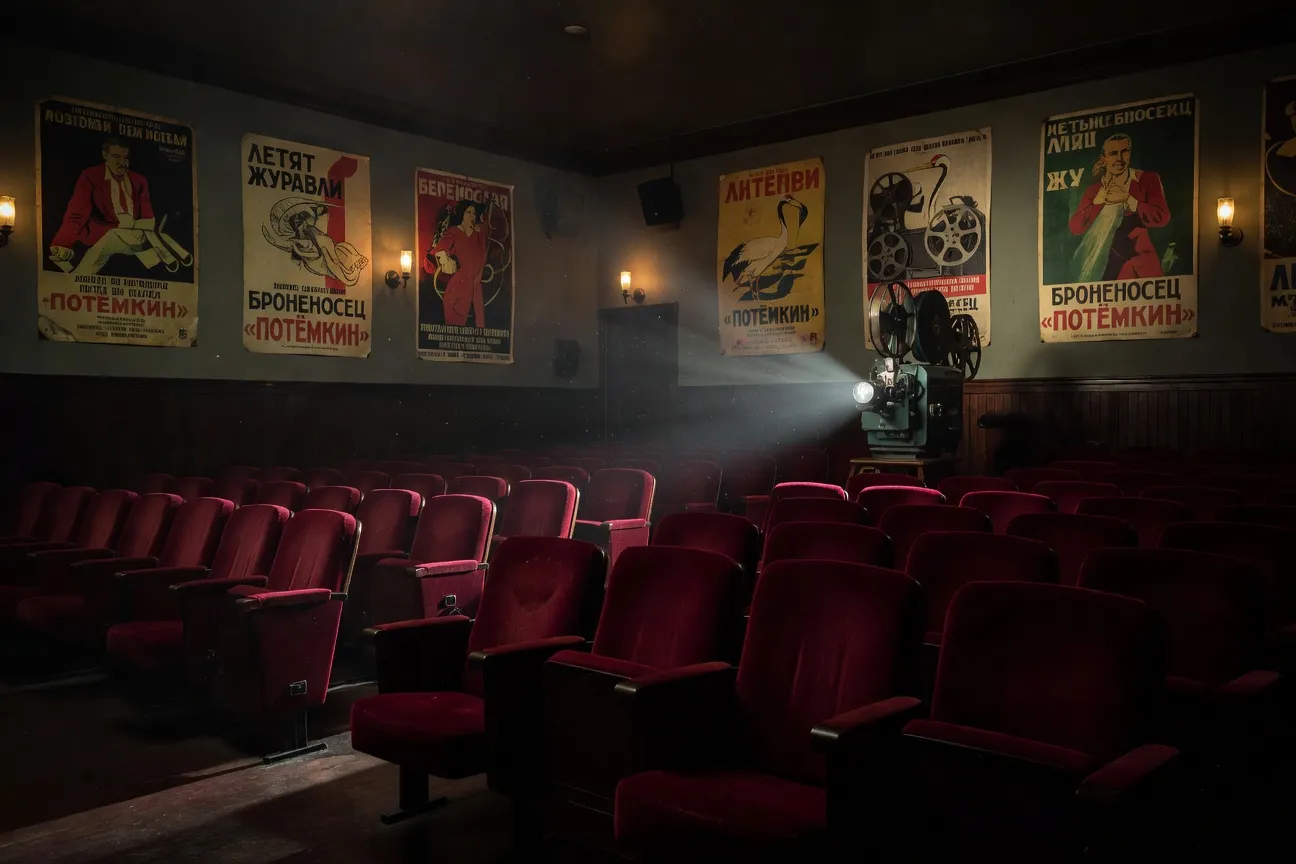 Intérieur de cinéma vintage avec affiches de films russes