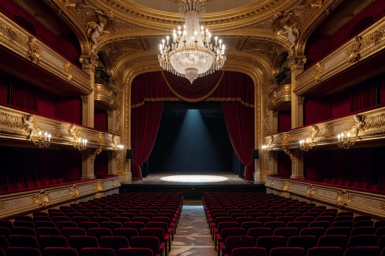 Intérieur d'un théâtre parisien avec sièges en velours rouge et lustre